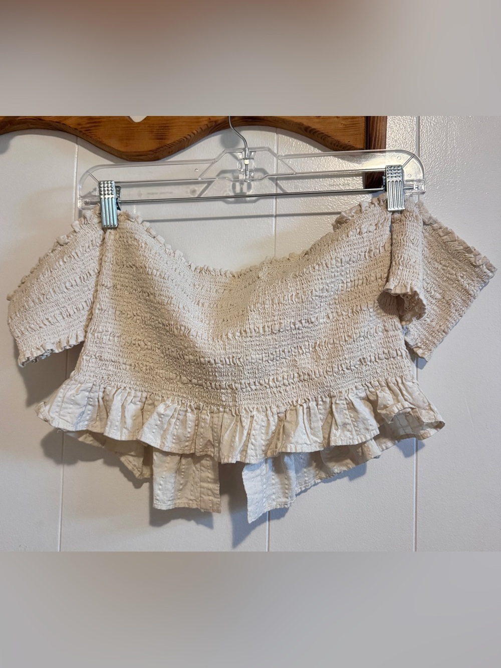 Zara Cream Off-Shoulder Lace-Up Smocked Peplum Crop Top - Picture 6 of 6